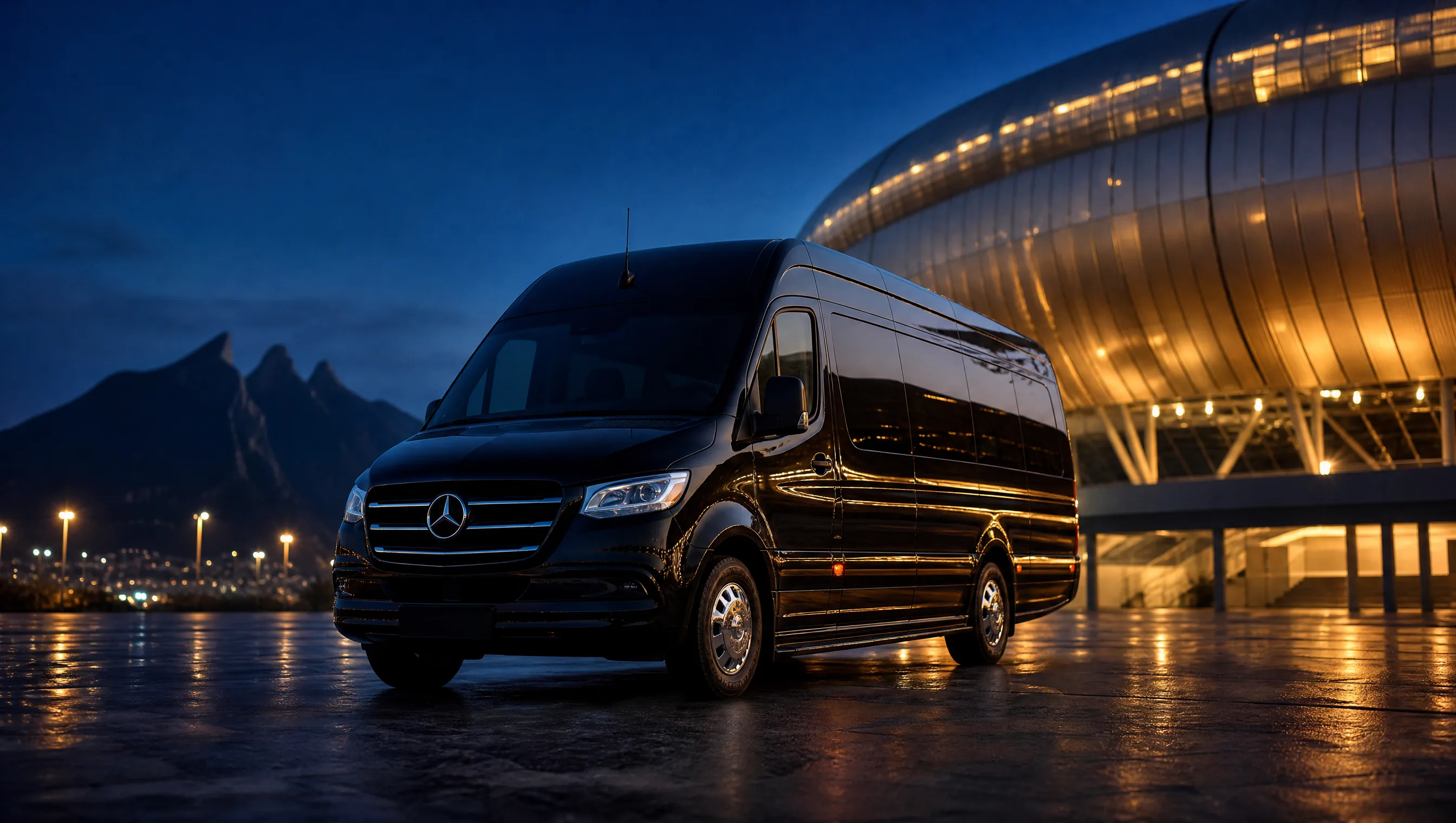 Mercedes Sprinter Avalon llegando al Estadio BBVA Monterrey al atardecer