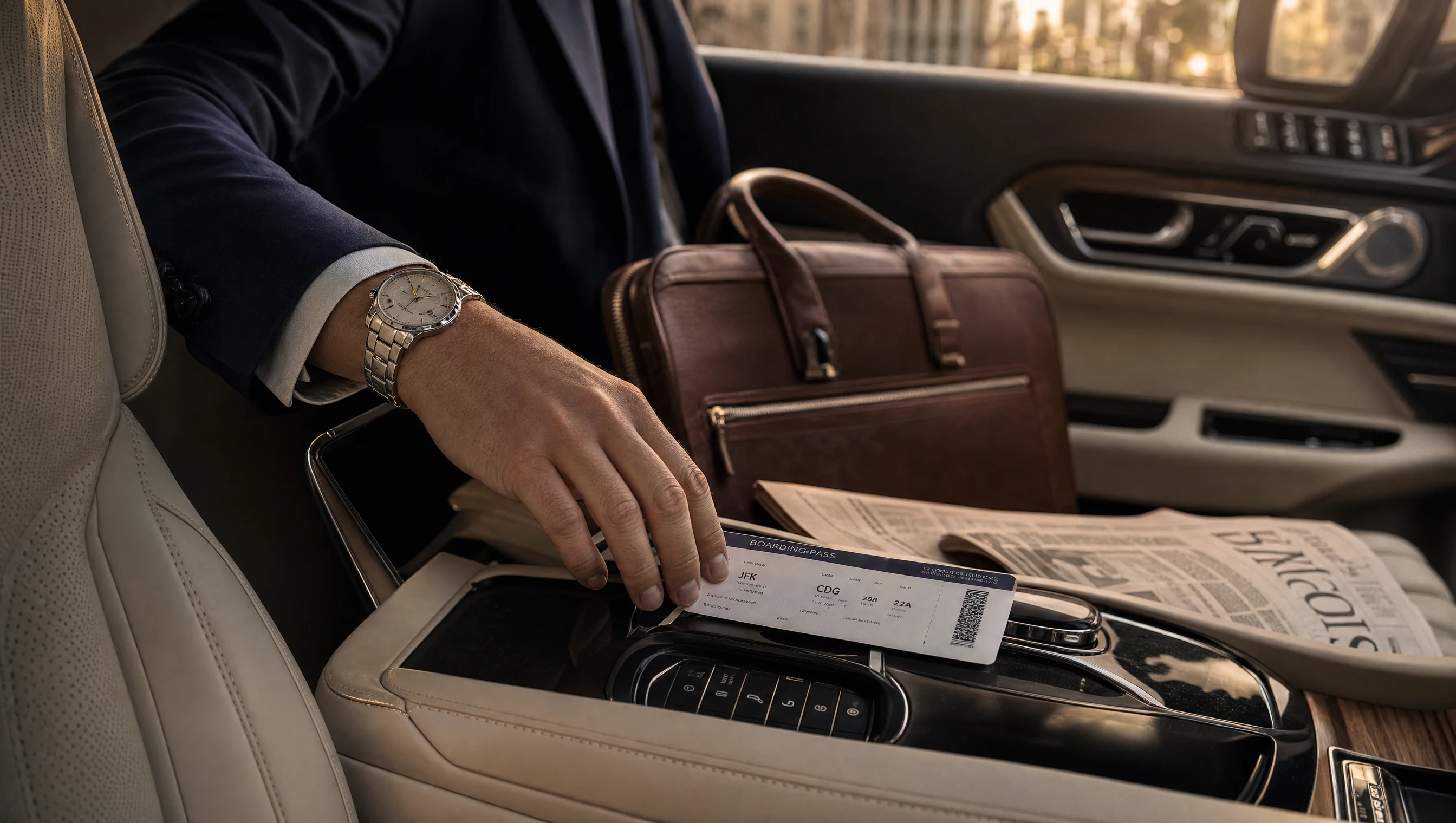 Detalle del interior premium de vehículo Avalon - asientos de cuero y servicio ejecutivo