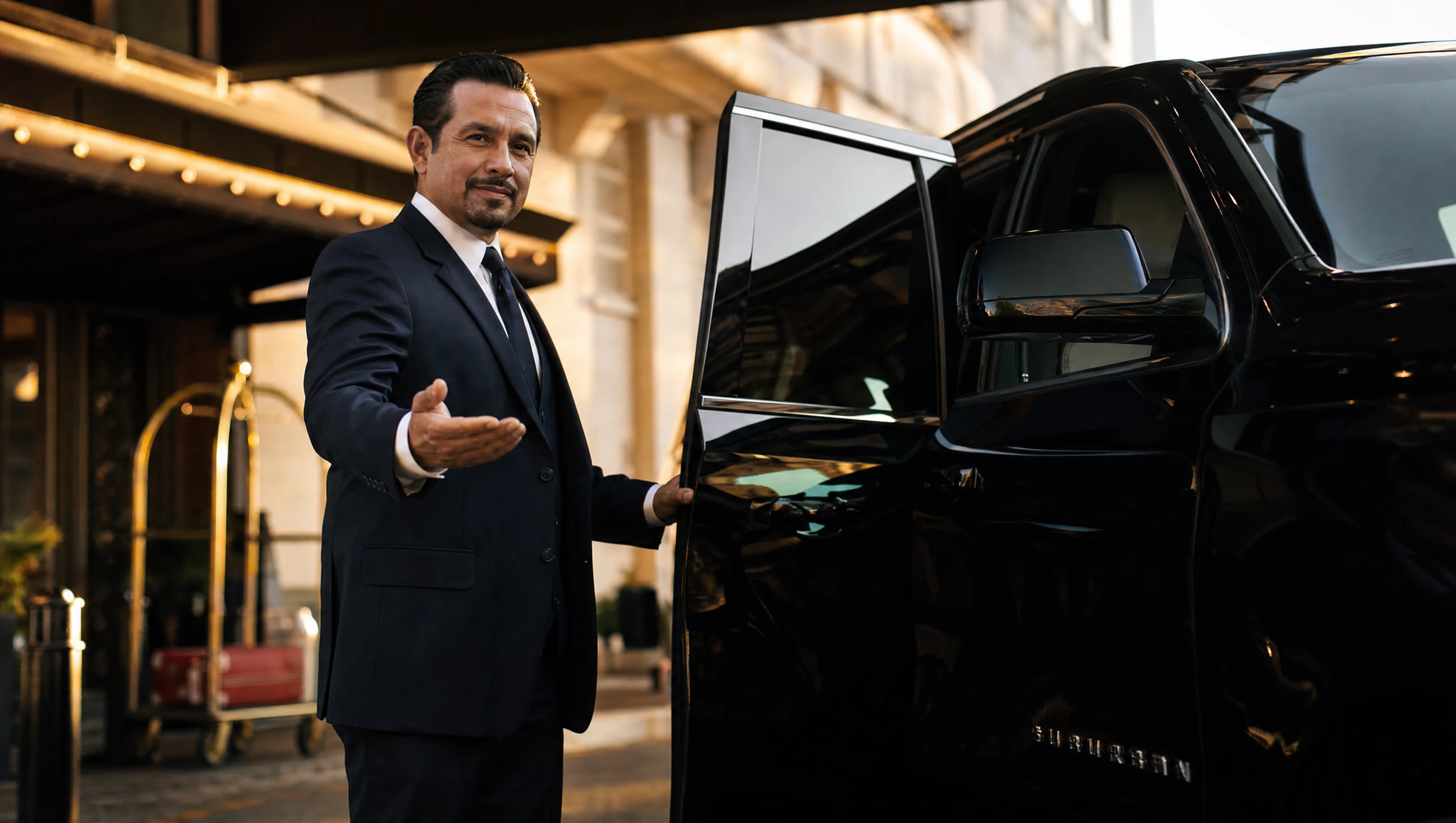 Chofer Avalon abriendo puerta del Suburban premium